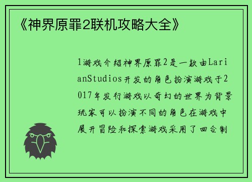《神界原罪2联机攻略大全》